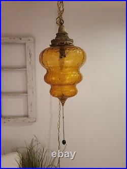 2 AVAIL Vintage Swag Lamp Amber Beehive Crackle Glass MCM Hanging Light