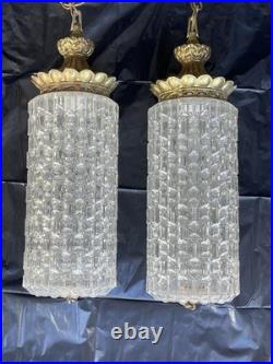 2 Falkenstein Hollywood Regency MCM Glass Cylinder Swag Hanging Lamps