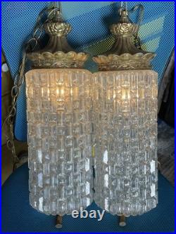 2 Falkenstein Hollywood Regency MCM Glass Cylinder Swag Hanging Lamps