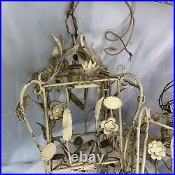 2 Floral Pendant Bird Cage Hanging Swag Lamp Shabby Chic Metal Painted Vintage