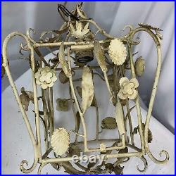 2 Floral Pendant Bird Cage Hanging Swag Lamp Shabby Chic Metal Painted Vintage