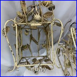 2 Floral Pendant Cage Hanging Swag Lamp Shabby Chic Metal Painted Vintage