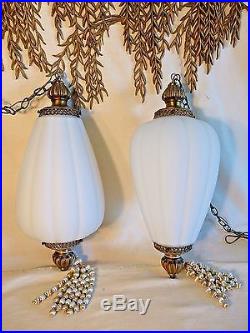 2 Large Frosted Glass Swag Lamps Vintage Hollywood Regency Acorn Hanging Light