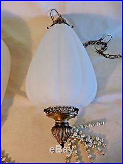 2 Large Frosted Glass Swag Lamps Vintage Hollywood Regency Acorn Hanging Light
