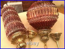 2 RARE Antique Vintage Multicolor Hanging Lamps Crystal Pendant Glass