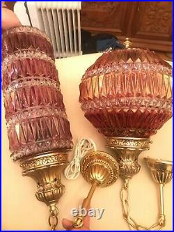 2 RARE Antique Vintage Multicolor Hanging Lamps Crystal Pendant Glass
