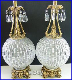 2 Table Lamp Vtg Hanging Crystal Prism Glass Shade Globe Orb Ball Ornate Brass