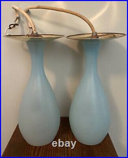 2 Vintage 50s 60s MCM AQUA Glass Pendant Hanging Moe Light Lamp Ceiling Fixtures