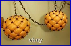 2 Vintage 60s 70s Ceramic Orange Hanging Swag Lamp Light Crackled Marbles Beads