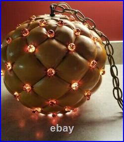 2 Vintage 60s 70s Ceramic Orange Hanging Swag Lamp Light Crackled Marbles Beads