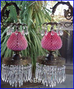 2 Vintage Fenton Cranberry Glass Bronze Brass Sconces wall hanging lamp crystal