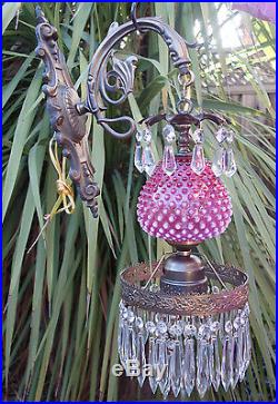 2 Vintage Fenton Cranberry Glass Bronze Brass Sconces wall hanging lamp crystal