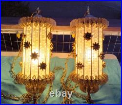 2 Vintage Hanging Glass n Brass Swag Lamps