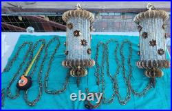 2 Vintage Hanging Glass n Brass Swag Lamps