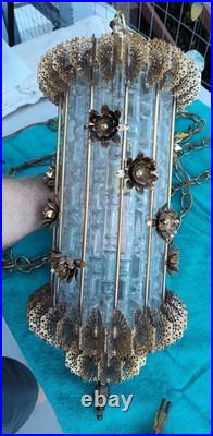 2 Vintage Hanging Glass n Brass Swag Lamps