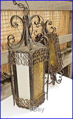 2 Vintage Large Wrought Iron Spanish Medieval Gothic Hanging Swag Lamp Amber