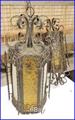 2 Vintage Large Wrought Iron Spanish Medieval Gothic Hanging Swag Lamp Amber