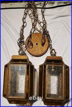 2 Vintage MCM Amber Clear Wood Hanging Swag Lamps Lights Chandelier