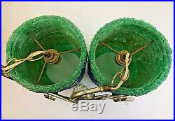 2 Vintage MCM Lucite Spaghetti Lamp Cylinder Green Blue Swag Hanging Shades RARE