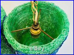 2 Vintage MCM Lucite Spaghetti Lamp Cylinder Green Blue Swag Hanging Shades RARE