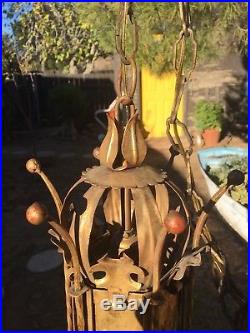 2 Vintage MCM Wrought Iron Gothic Spanish Hanging Swag Lamps Light
