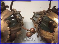 2 Vintage MCM Wrought Iron Gothic Spanish Hanging Swag Lamps Light