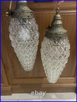 2 Vintage Mid Century Glass Hanging Light Fixture Double Pineapple Swag Lamp