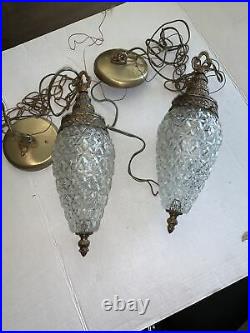 2-Vintage Mid Century Glass Hanging Light Fixture Double Pineapple Swag Lamp