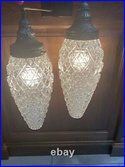 2 Vintage Mid Century Glass Hanging Light Fixture Double Pineapple Swag Lamp