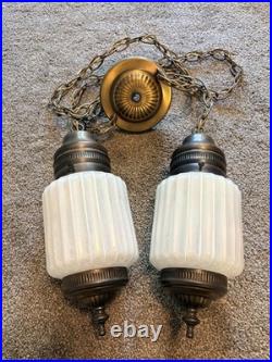 2 Vintage Opal Iridescent Ribbed Glass Swag Pendant Handing Lamp Light Chain MCM