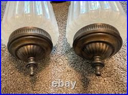 2 Vintage Opal Iridescent Ribbed Glass Swag Pendant Handing Lamp Light Chain MCM
