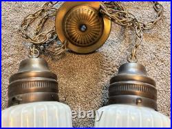 2 Vintage Opal Iridescent Ribbed Glass Swag Pendant Handing Lamp Light Chain MCM