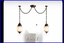 2 Vintage Opal Iridescent Ribbed Glass Swag Pendant Handing Lamp Light Chain MCM
