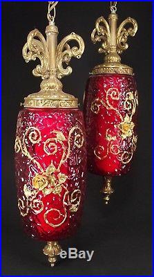 2 Vintage RED Glass Swag Lamps Hanging Mid Century RETRO MCM brass GOLD ROSE