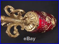 2 Vintage RED Glass Swag Lamps Hanging Mid Century RETRO MCM brass GOLD ROSE