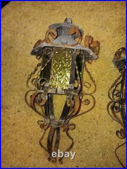 2 Vintage Sconce Patio Porch Lamps Wrought Iron Spanish Style MCM Colored Glass