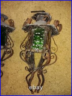 2 Vintage Sconce Patio Porch Lamps Wrought Iron Spanish Style MCM Colored Glass