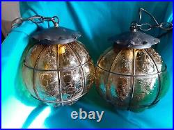 2 Vintage Swag Hanging Ceiling Lights Mid Century Modern Crackle Textured Lamps