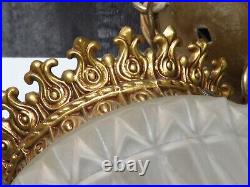 2 Vtg Glass Cylinder Pendant Swag Lamps Satin Shades Gold Hollywood Regency MCM