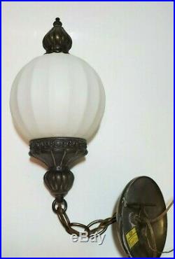 2 Vtg Globe Milk Glass Hanging Pendant Swag Lamps Ribbed Melon Light Fixtures