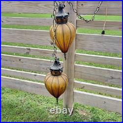 2 Vtg MCM Hanging Swag Lights/Pair Wrought Iron Caged Amber Crackle Glass Lamps