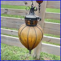2 Vtg MCM Hanging Swag Lights/Pair Wrought Iron Caged Amber Crackle Glass Lamps