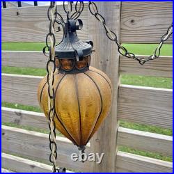2 Vtg MCM Hanging Swag Lights/Pair Wrought Iron Caged Amber Crackle Glass Lamps