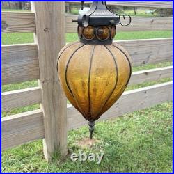 2 Vtg MCM Hanging Swag Lights/Pair Wrought Iron Caged Amber Crackle Glass Lamps