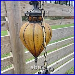 2 Vtg MCM Hanging Swag Lights/Pair Wrought Iron Caged Amber Crackle Glass Lamps