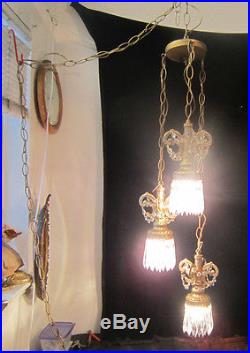 3L Vintage ROCOCO hanging swag plugin lamp chandelier Retro spelter brass plate