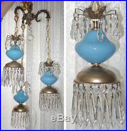 3Light Vintage Aqua Blue Brass tole hanging swag lamp Brass Spelter chandelier