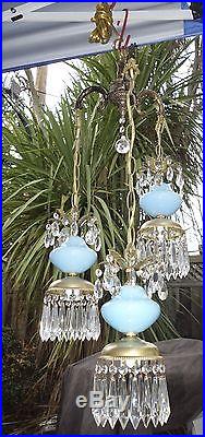 3Light Vintage Aqua Blue Brass tole hanging swag lamp Brass Spelter chandelier