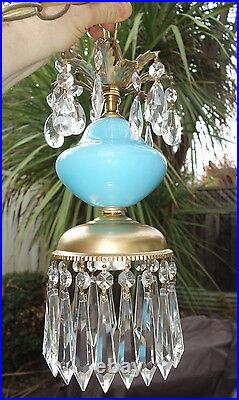 3Lt Vintage Aqua Blue Brass tole swag lamp chandelier Hollywood Regency hanging