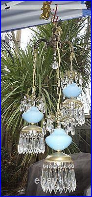 3Lt Vintage Aqua Blue Brass tole swag lamp chandelier Hollywood Regency hanging